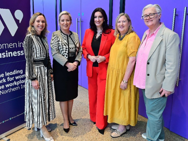 (Left to Right) Lorraine Acheson WIB NI, First Minister Michelle O’Neill, Deputy First Minister Emma Little-Pengelly BL MLA, Roseann Kelly MBE WIB NI and Prof. Maggie O’ Carroll.